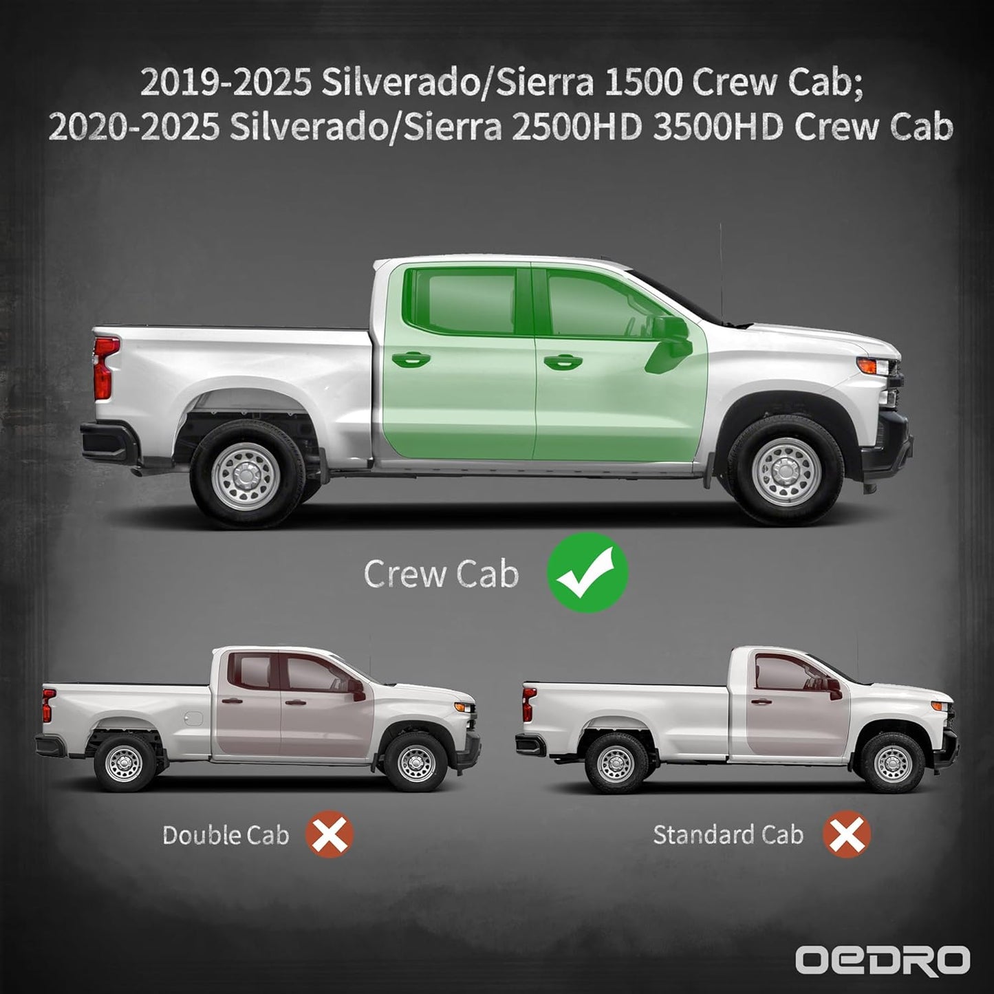OEDRO Running Boards Compatible with 2019-2025 Chevy Silverado/GMC Sierra 1500, 2020-2025 2500HD 3500HD Crew Cab(Excl. 2019 1500 LD/Limited), Bolt-on Side Steps Steel Nerf Bars