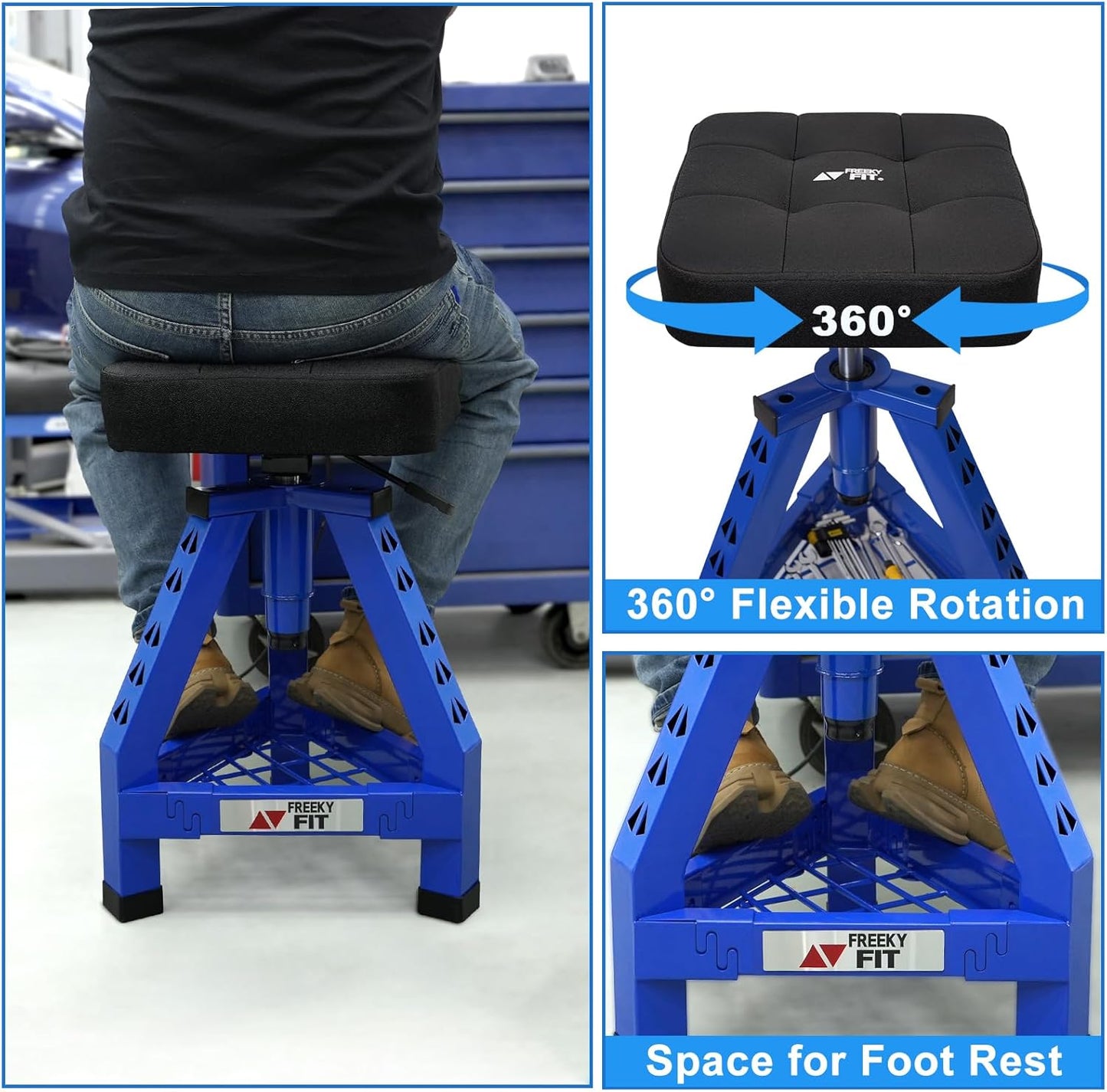 Adjustable Shop Stool,Garage Mechanic Stool Chair,Work Seat for Workshop, Adjustable Height, 360° Swivel Padded Square Seat,Tool Storage, 350 LBS Capacity, Heavy Duty, Blue