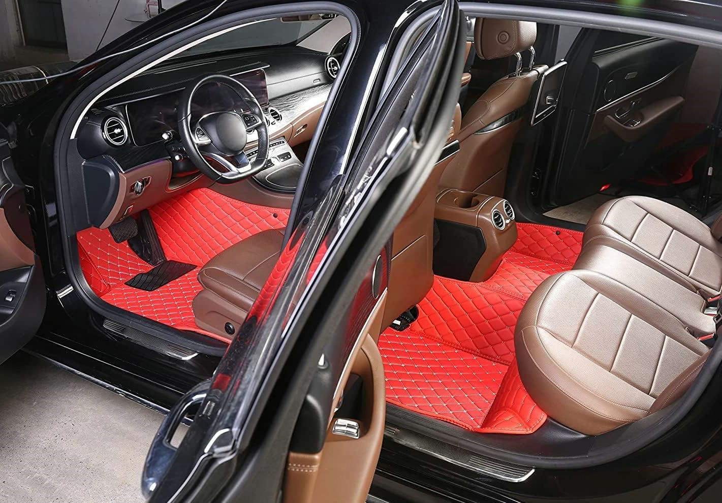 Custom Artificial Leather Waterproof All-Weather Car Floor Mats Fit for 99% Sedan SUV Sports Car Vehicle Car Mat (Red Red Stripe)