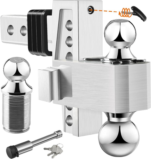 Adjustable Trailer Hitch (Fits 2-Inch Receiver) - Aluminum Tow Hitch with 6-Inch Drop/Rise for Truck (12,500 LBS GTW) - Double Anti-Theft Locking Hitch Pins (Silver, 2.0inch-6Drop-Tri Ball)