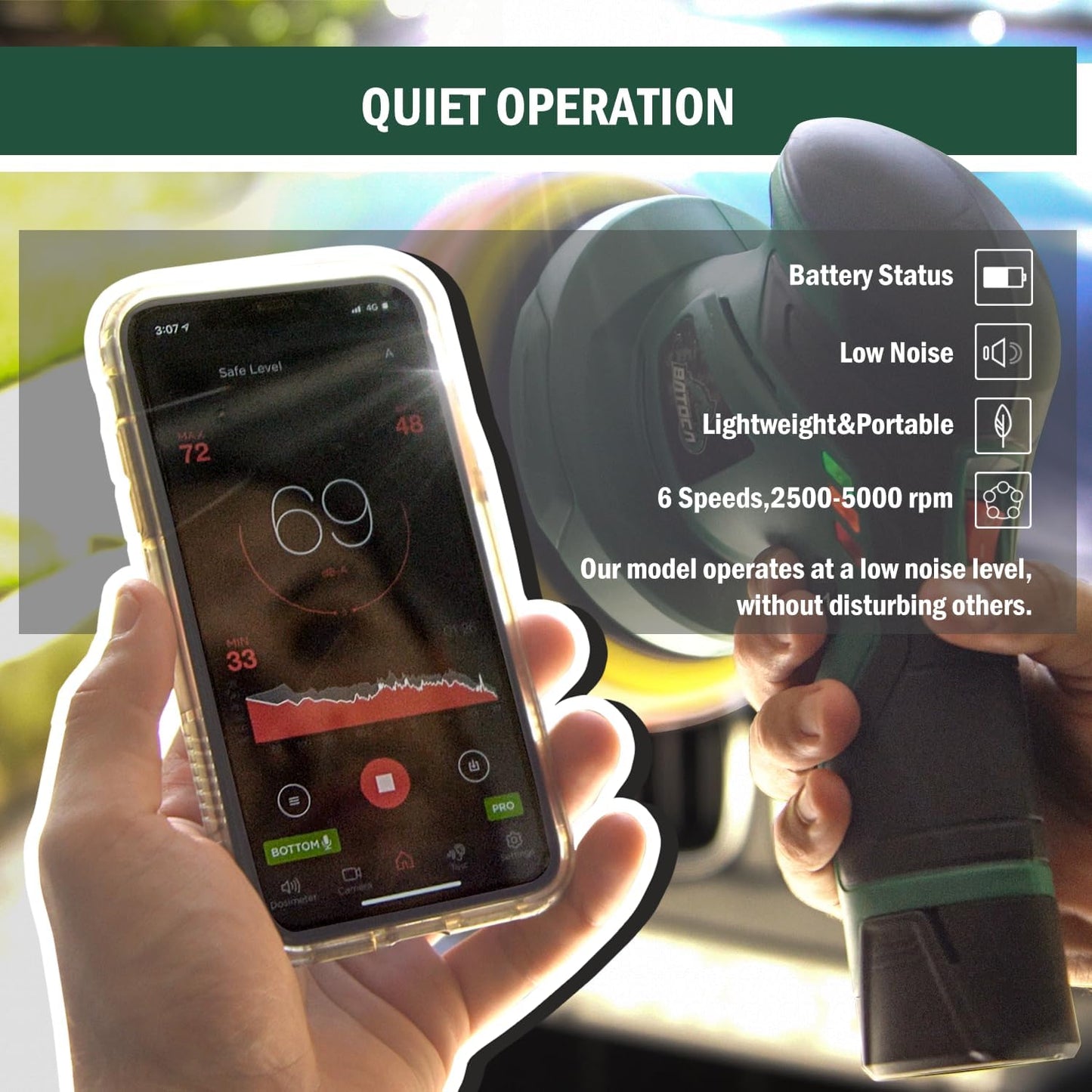 BATOCA - Cordless Car Buffer Polisher - 2pcs 2.0Ah 12V Lithium-ion Rechargeable Battery Powered Brushless Polisher with 6 Variable Speed, DA Orbital Buffer for Car Detailing, Polishing, Waxing