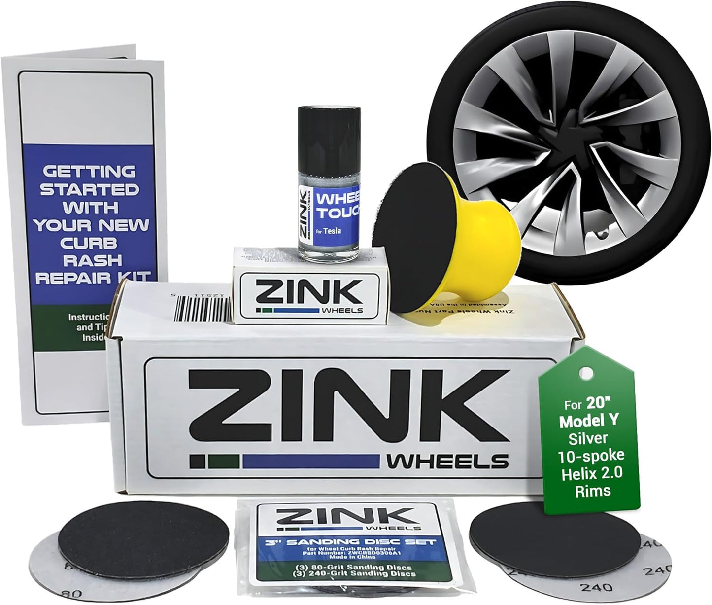 Premium Tesla Wheel Curb Rash Repair Kit for Model Y 20-inch Silver Helix 2.0 Rims - DIY Kit with Color-matched Touch Up Paint - Made in USA