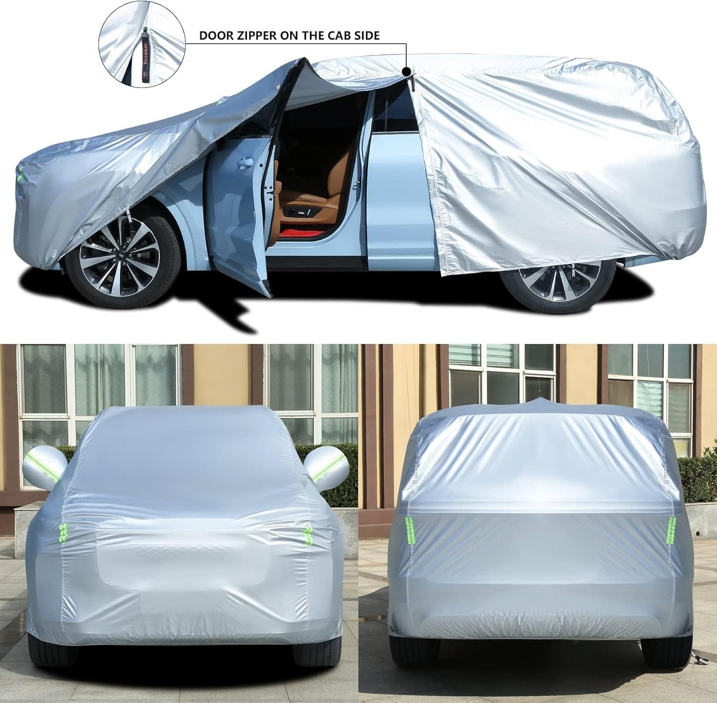 Tecoom Light Shell Breathable Material Classic Zipper Design Waterproof UV-Proof Windproof Car Cover with Storage and Lock for All Weather Indoor Outdoor Fit 191-205 Inches SUV