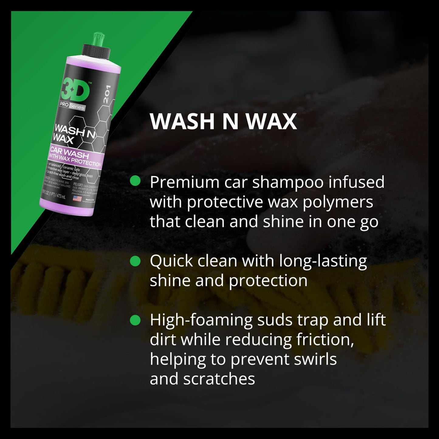 3D Wash N Wax Car Wash Soap - pH Balanced, Easy Rinse, Scratch Free Soap with Wax Protection - 16oz.