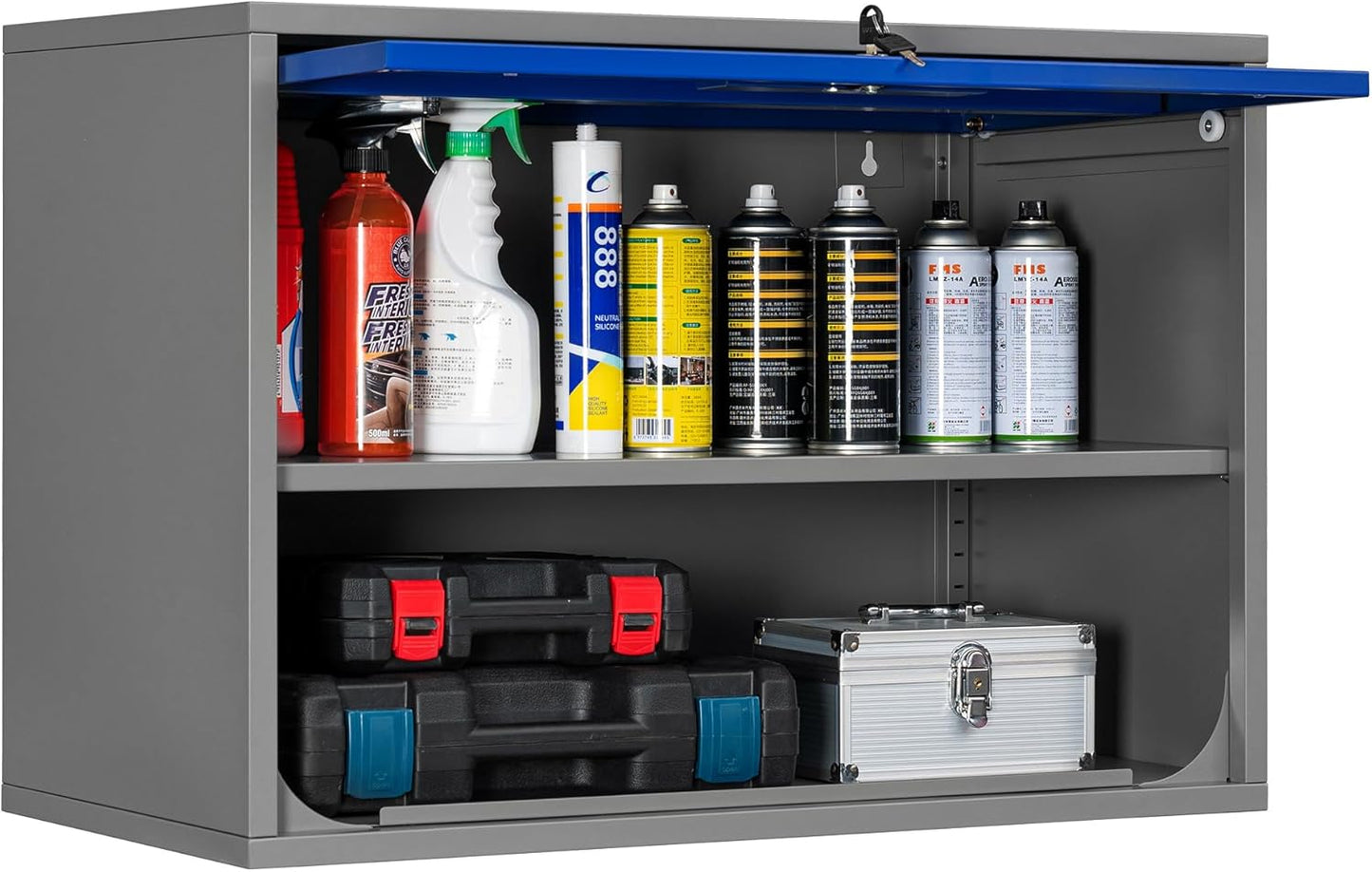 Metal Storage Cabinet Blue&Gray Wall Cabinets with Shelf and Locking Door - Wall Mounted Storage Cabinet for Garage Warehouse Home Office - Assembly Required