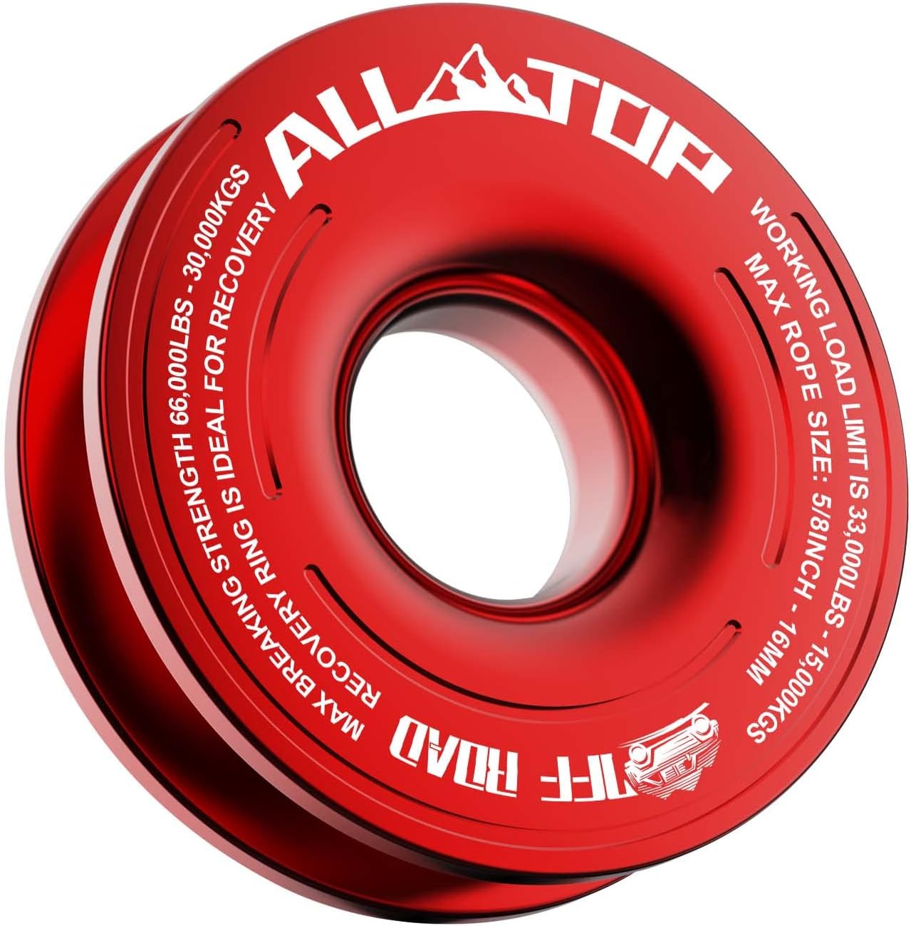 ALL-TOP Recovery Ring 66000 LBS Winch Snatch Towing Ring, Tackle Pulley System, Rope Retention Safety Strap Included, Red