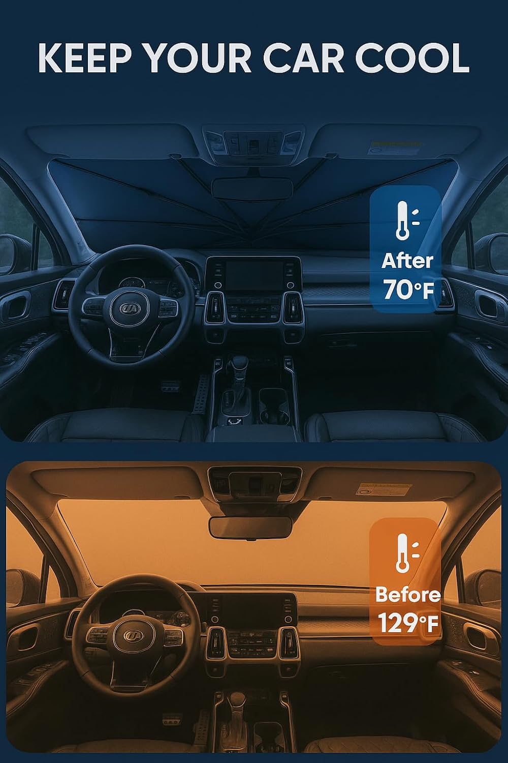 Proadsy Windshield Sun Shade Umbrella for Kia Sorento 2021-2025 2026 Foldable Car Umbrella Sunshade with Soft TPU Handle Spring Structure Crystal Cooling Material Protect Car from Rays & Heat