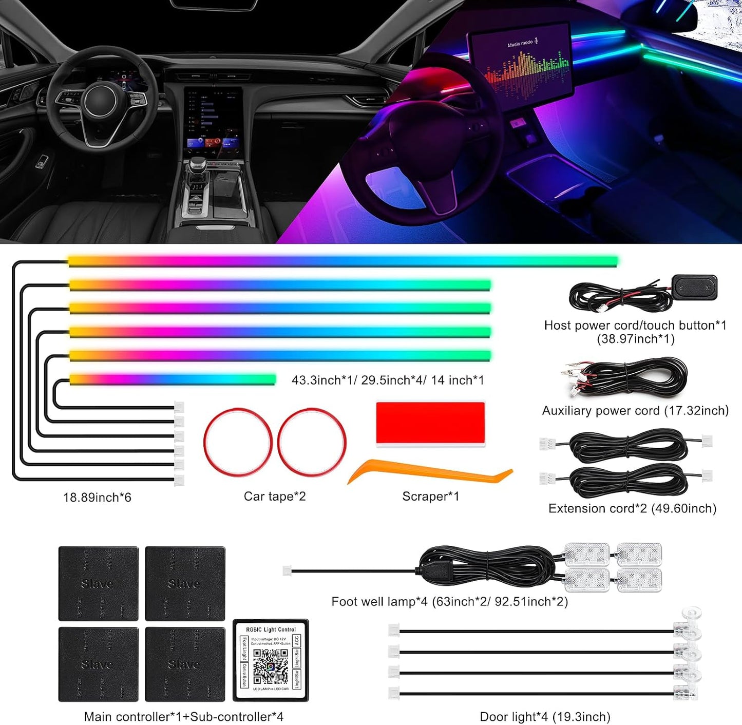Dreamcolor Acrylic Interior Car LED Strip Light with Wireless APP, RGB 14 in 1 with 175 inches 612 LEDs Fiber Optic Strip Lights for Car, Dual Zone Music Sync Neon Car Ambient Lighting Kits