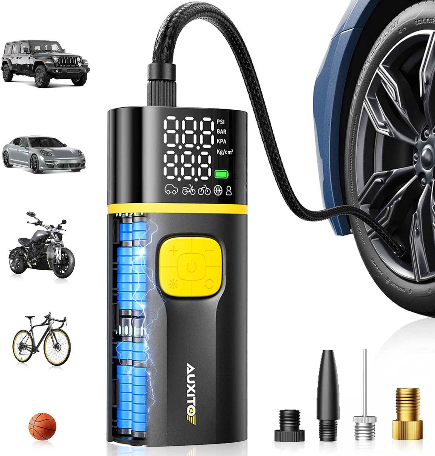 AUXITO A502 Portable Air Compressor - Tire Inflator for Car, Truck, Bike, Motorcycle with Digital Tire Pressure Gauge & LED Light