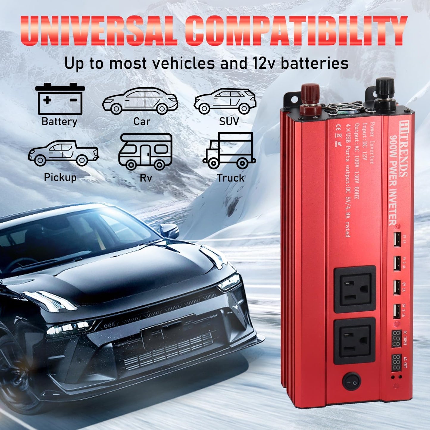 HITRENDS 900W Inverter for Car Power Inverters, 12V DC to 110V AC Converter with 4 USB & 2 AC Outlets, 12 Volt Battery Inverter Car Cigarette Lighter for RV Truck