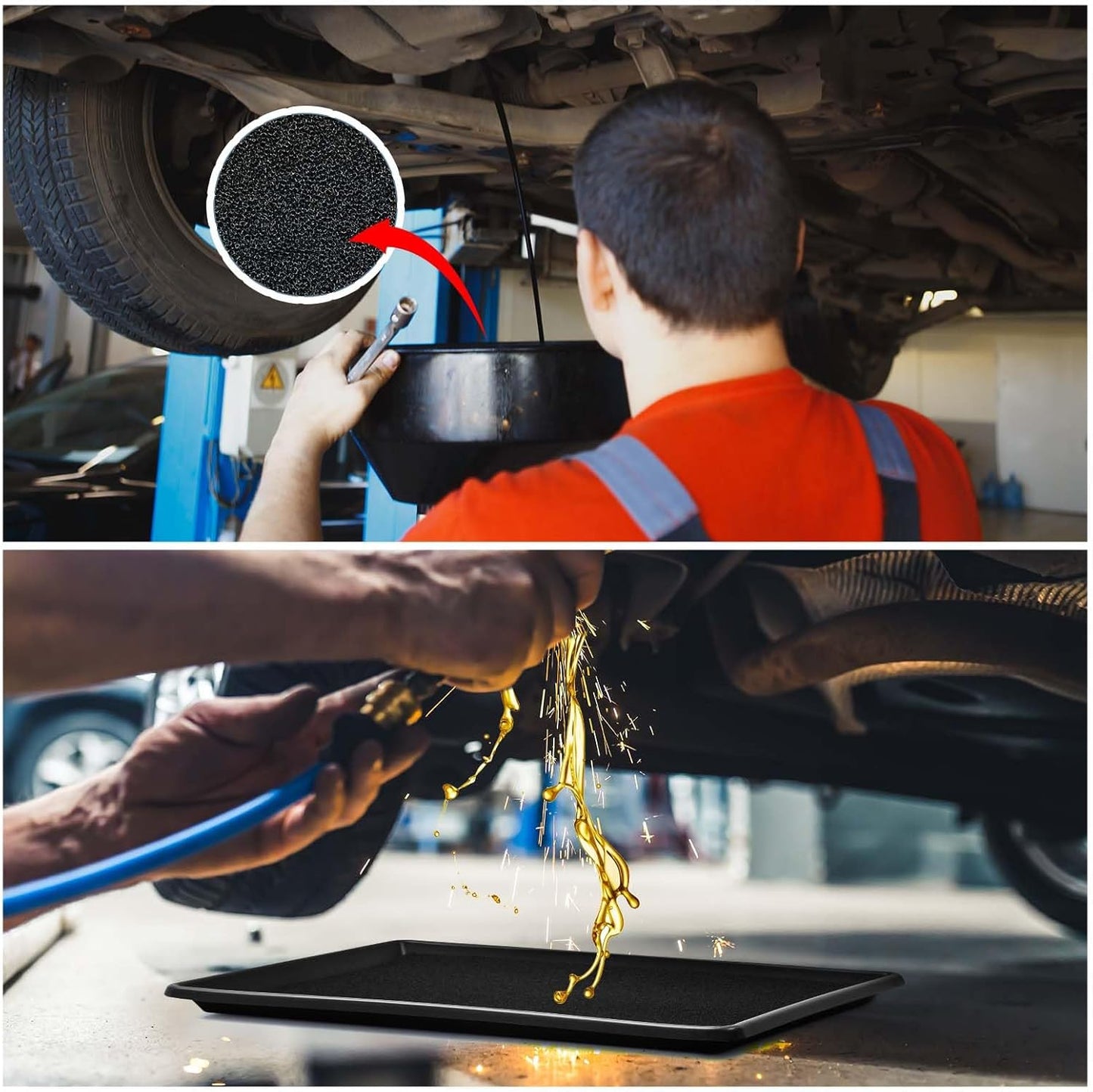 Uiifan 2 Sets 27'' x 20''x 1.4'' Oil Drain Drip Pan for Car with Square No Splatter Pad Oil Drip Tray with Mat for Under Car Transmission Garage Automotive Driveway to Keep Floor Clean, Black