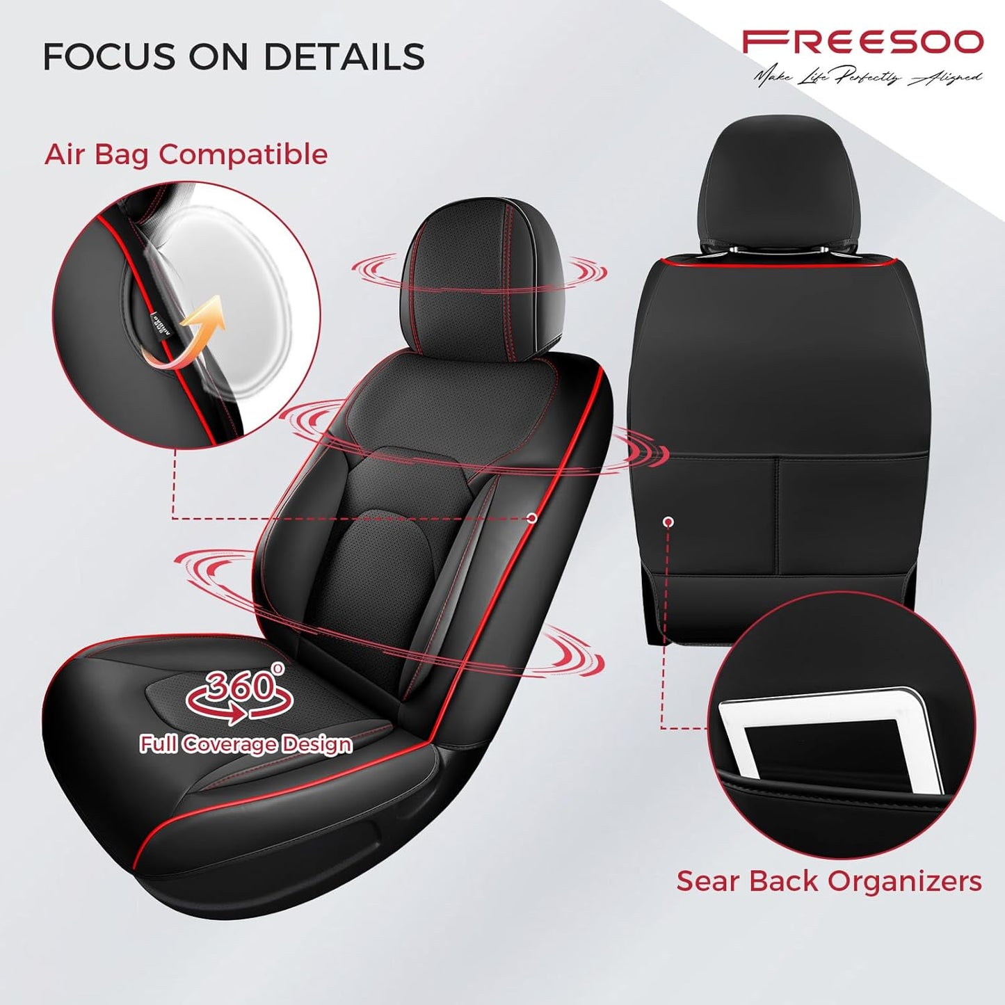 FREESOO Car Seat Covers Front Seats 2PCs,Waterproof Automotive Seat Covers, Leather Cars Interior Covers, Seats Protection Universal fit Babies & Adult (BlackRed)