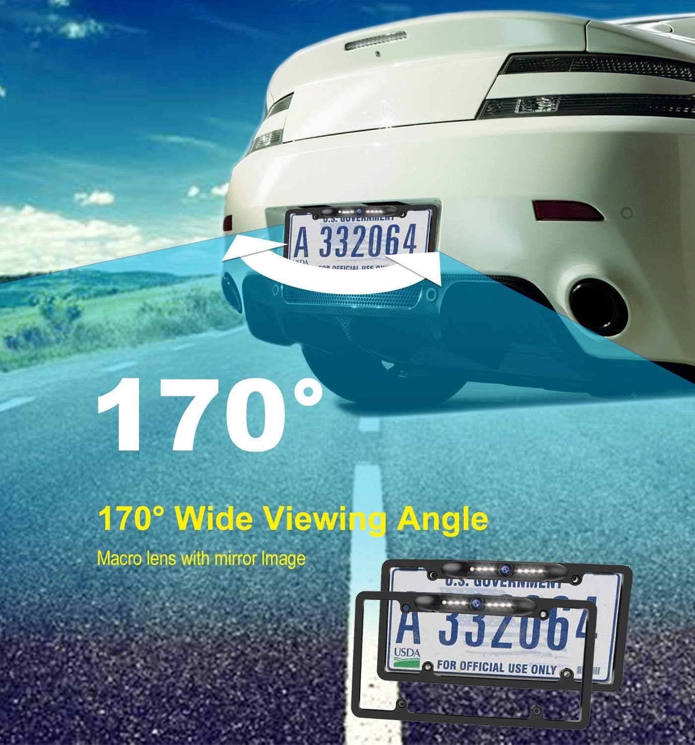 JPP License Plate Backup HD Camera, Rear View Camera 170° Viewing Angle Universal Night Vision Waterproof High Sensitive 7 Bright LED Reversing Car Camera