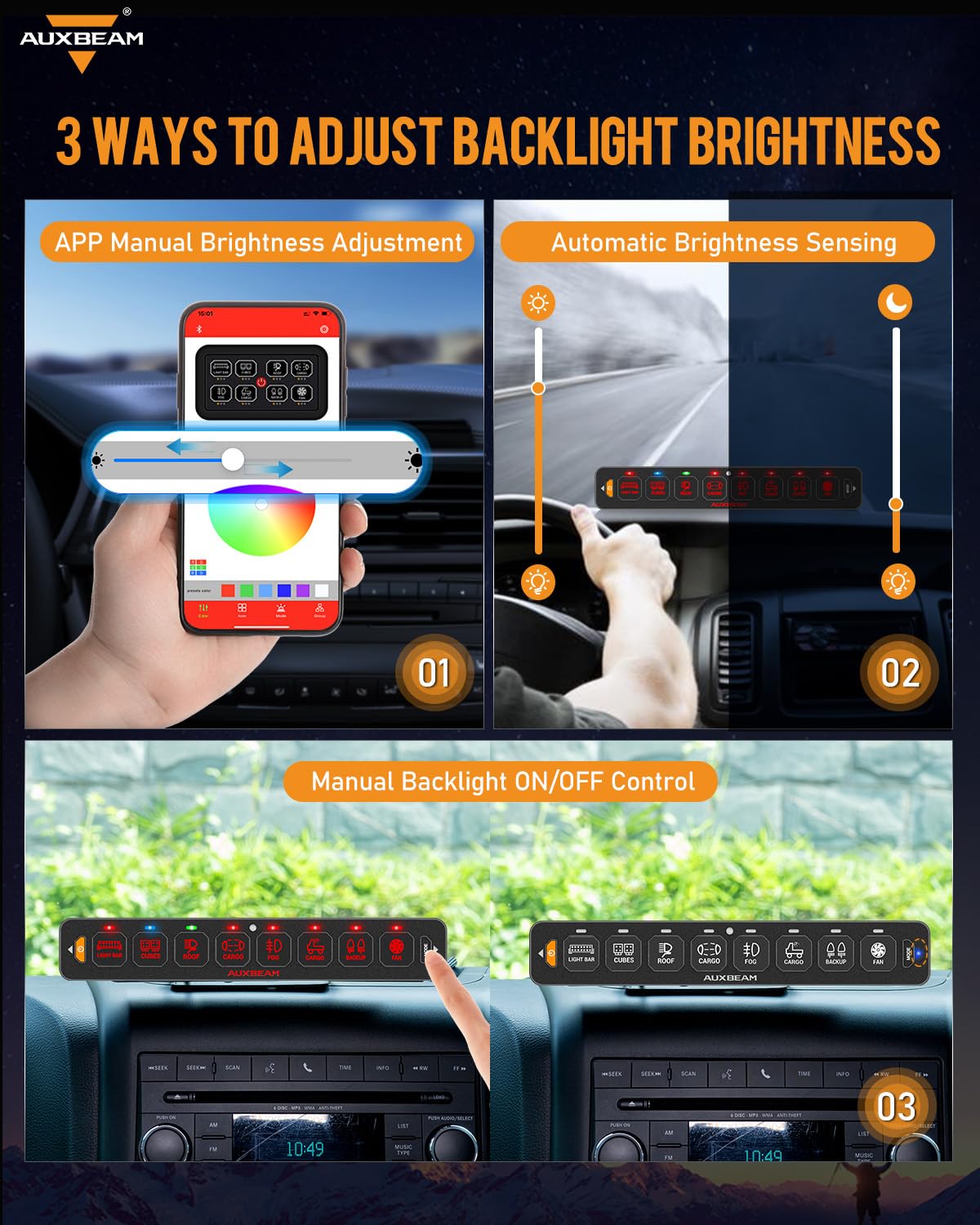 Auxbeam 8 Gang Slim Switch Panel Bluetooth RGB AS-800 with APP&Remote Control Toggle Momentary Pulsed 80A Switch Pod Off Backlight for 12-24V Truck Offroad UTV ATV Car Marine, 2 Years Warranty