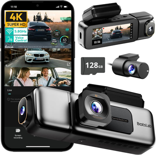 4K 3 Channel Dash Cam Front and Rear/Inside, 360°Dash Camera with 3.18" Touch Screen, Night Vision Dashcam, Built-in GPS, 5.8G WiFi, Voice Control, 24/7 Parking Mode Car Camera, Free 128GB Card