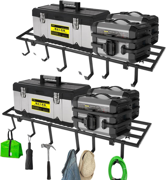 Garage Wall Shelving, 1X4 ft Garage Storage Rack,Heavy Duty Wall Mounted Storage Shelf With 12 Hooks-Each Loads 200lbs Metal Wall Shelf,Black,2Pack