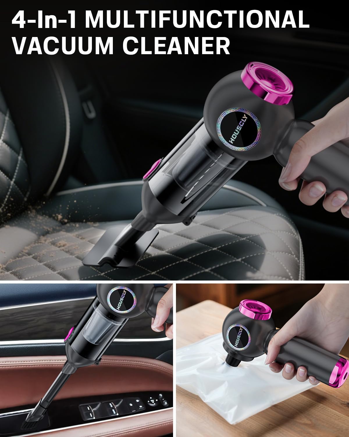 Handheld Car Vacuum Portable Cordless 25000Pa High Power Small Mini Hand Vacuum Cleaner Rechargeable 4-in-1 Compressed Air Duster Blower Pump Wireless Handheld Vac for Car Office Desktop Home Cleaning