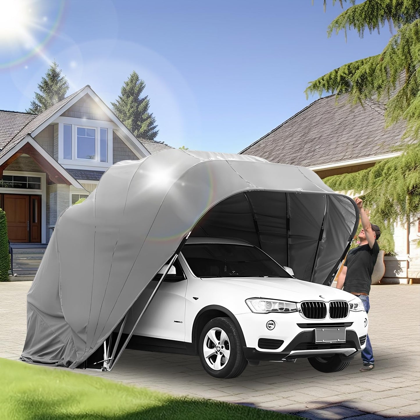 Heavy Duty Stainless Steel Carport,Semi-Automatic Carport, Retractable Car Port Awning, Portable Foldable Garage Canopy Tent for Outdoor,Lockable,Durable Shelter,Grey,18×8.2×7.5FT