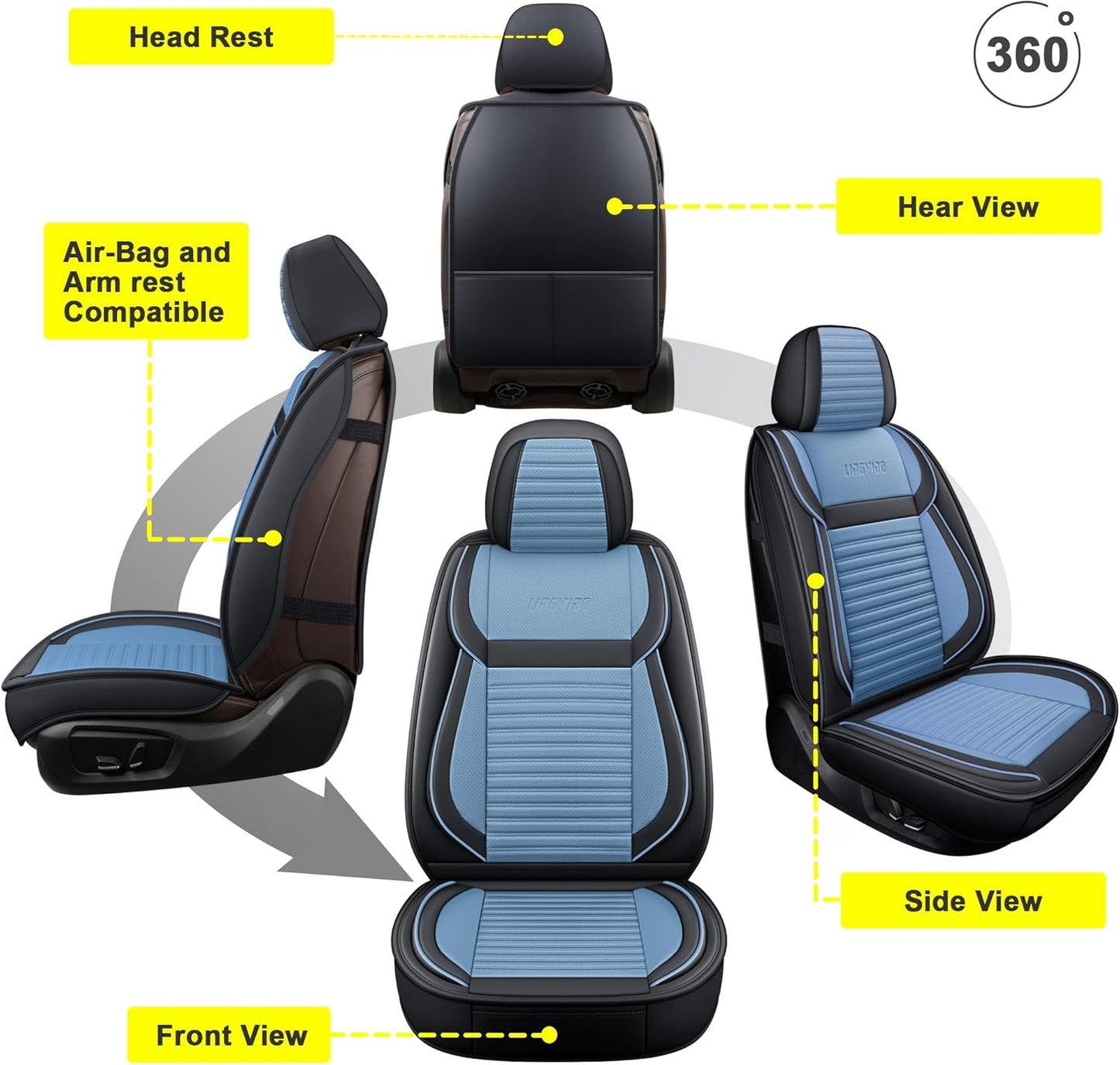 LINGVIDO Car Seat Covers, Breathable and Waterproof Faux Leather Automotive Seat Covers for Cars SUV Truck Sedan,Universal Anti-Slip Seat Cover with Backrest (Full Set, Light Blue & Black)