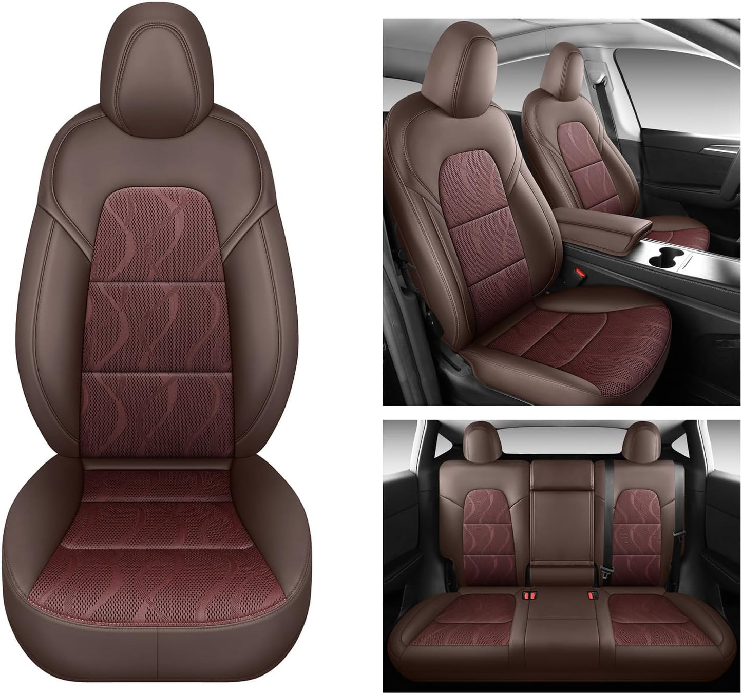 Tesla Model Y Seat Cover Full Set, Faux Leather Tesla Car Seat Cover, Perfect Suitable for Tesla Model Y 2020 2021 2022 2023 2024 2025 (Brown)