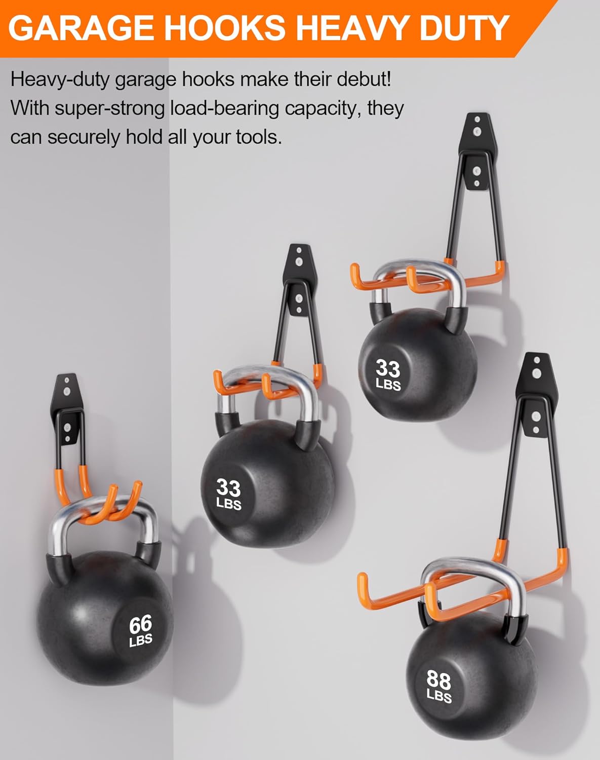 QcoQce 13 Pack Garage Hooks Heavy Duty with 2 Extension Cord Straps,Garage Storage Hooks, Wall Mount Hooks, Garage Organization and Tool Hangers for Bike, Ladder, Ropes and Garden Tools(Orange)