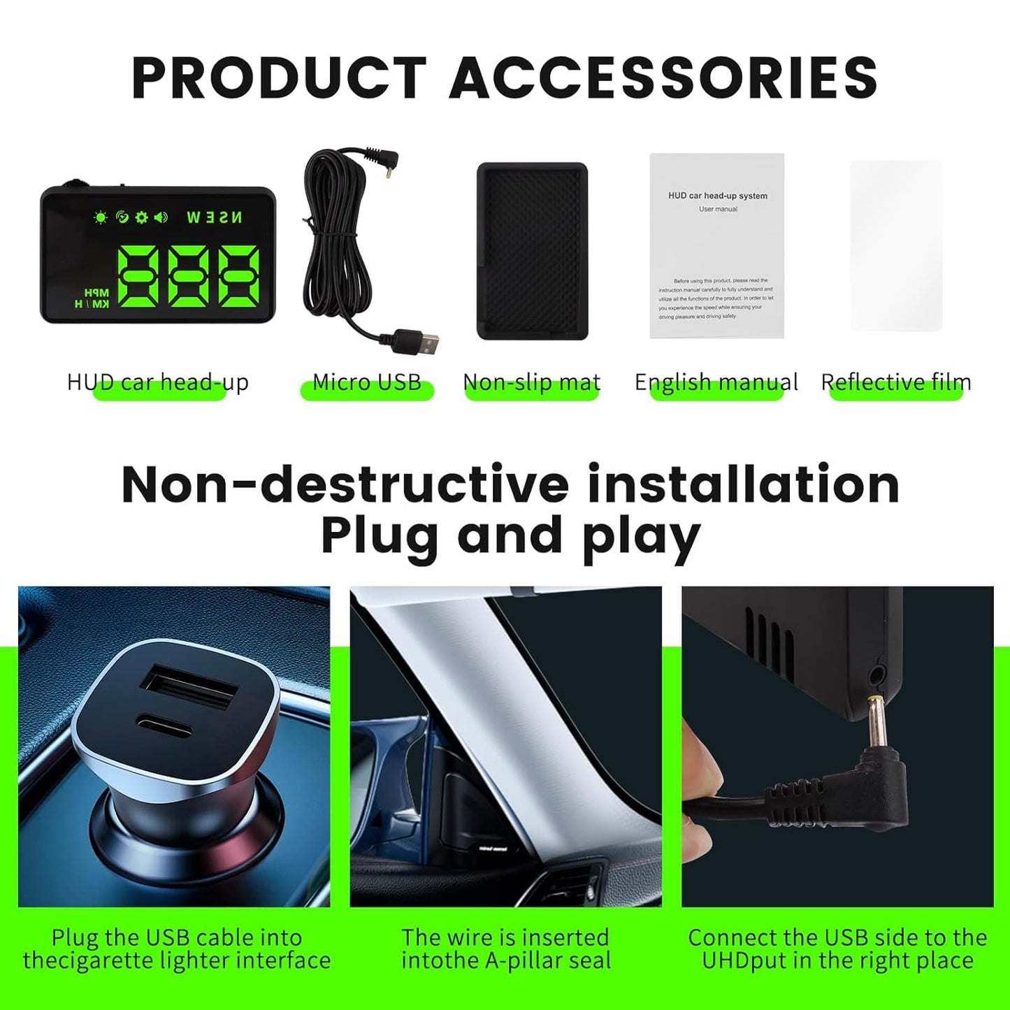 Heads up Display for Cars,Car HUD,Head up Display for Car,Car Speedometer Display,Automatic Brightness Adjustment,Speeding Alert,USB Cable Plug & Play