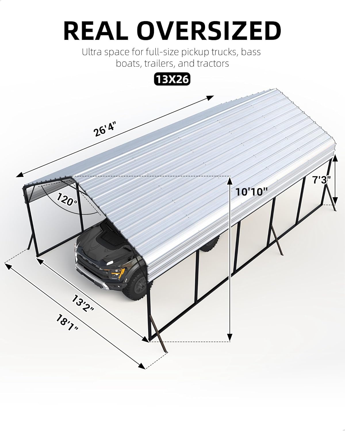 13'x26'x11' Oversized Metal Carport, Steel Heavy Duty Carport for All-Weather, Permanent Shelter for Boats, Pickup Trucks, and Tractors, N.W. 780 Lbs