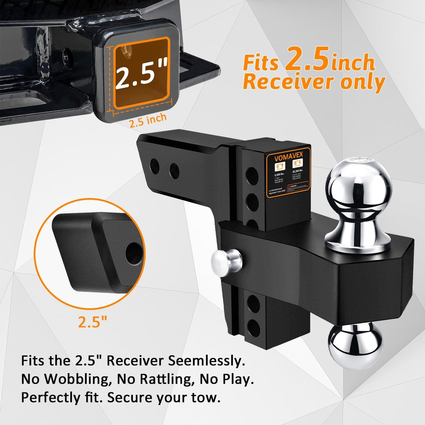 Adjustable Trailer Hitch-Drop Hitch Fits 2.5-Inch Receiver -6" Drop/Rise Tow Hitch with 2" and 2-5/16" Tow Balls-18,500GTW with Double Anti-Theft Pins Locks, Black