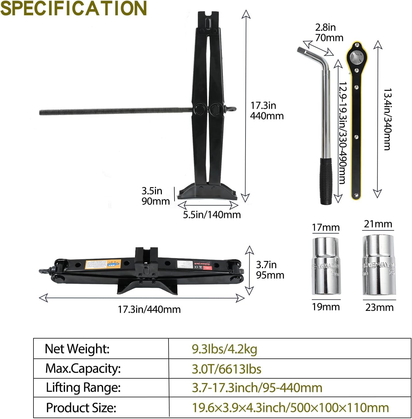 Scissor Jack Car Jack Kit 3 Tons (6,613 lbs) Universal Tire Jack Changing Kit - Extra Wide Base - Portable Car Emergency Kit with Lug Wrench for Sedan Truck SUV MPV (3T)