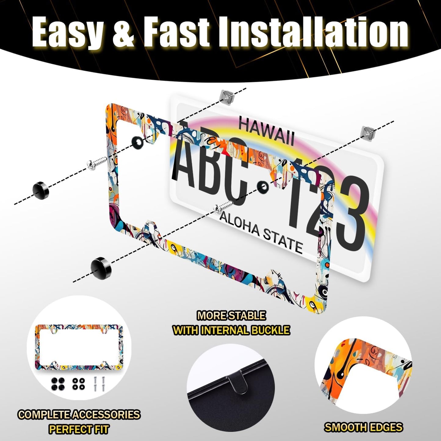 Abstract Graffiti Pattern License Plate Frame Colorful License Plate Stainless Steel Car Accessory Funny License Plate Auto Parts Decoration Men Women Size 12.2" x 6.2" with Screws