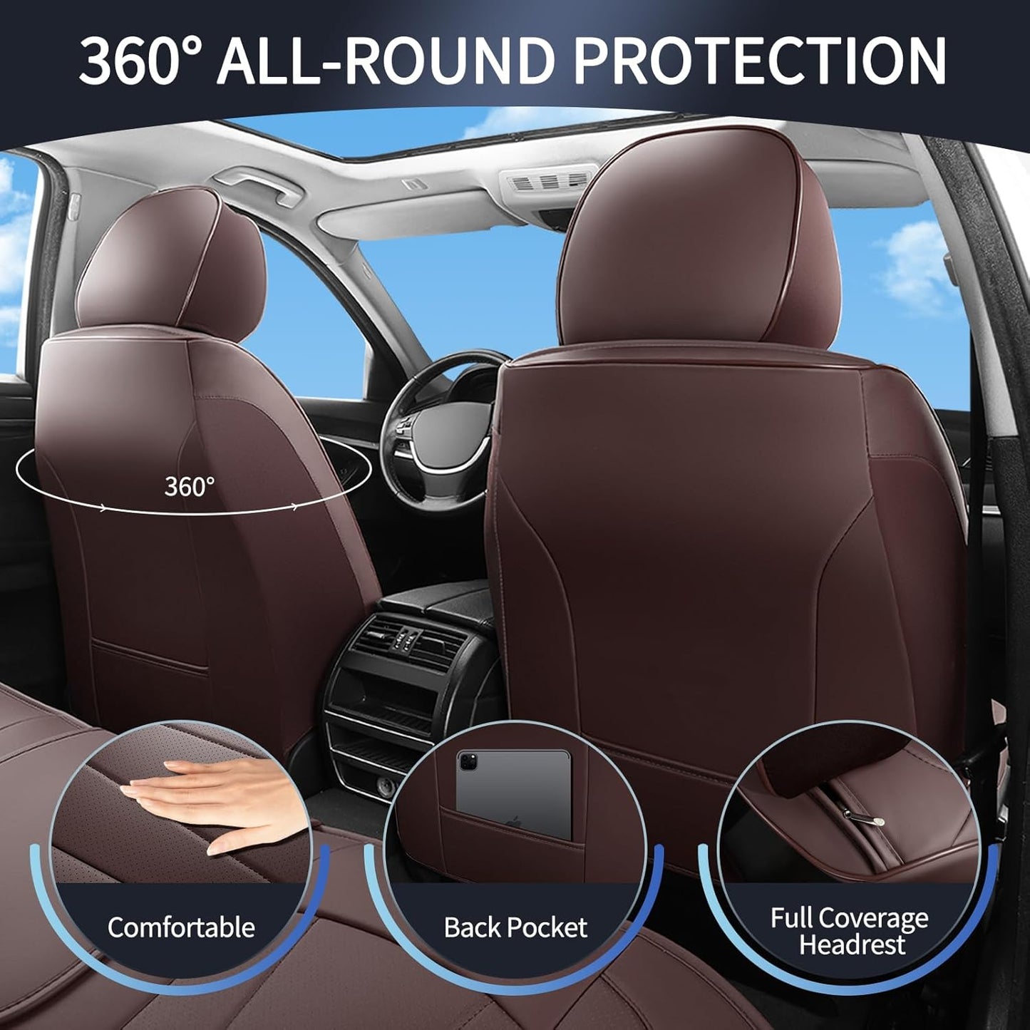 Leather Car Seat Covers,Brown Seat Covers for SUV,Sedans and Trucks,Waterproof and Breathable Automotive Front and Rear Seat Covers,Luxury Car Seat Protectors,Universal Car Seat Cushions