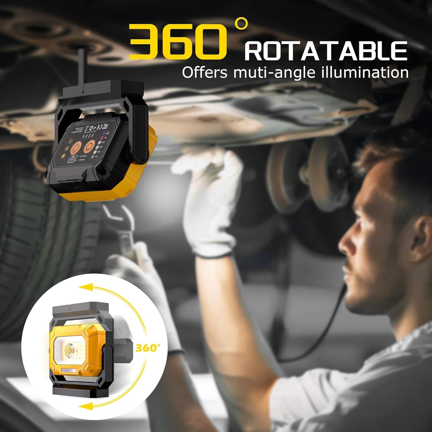 2 Pack Magnetic Work Light, 1500LM led work light, 4000mAh Rechargeable Work Light with 360°Rotating Magnetic Stand & Hook, 15 Modes, Magnetic flashlight for Car Repairing/Emergency/Camping