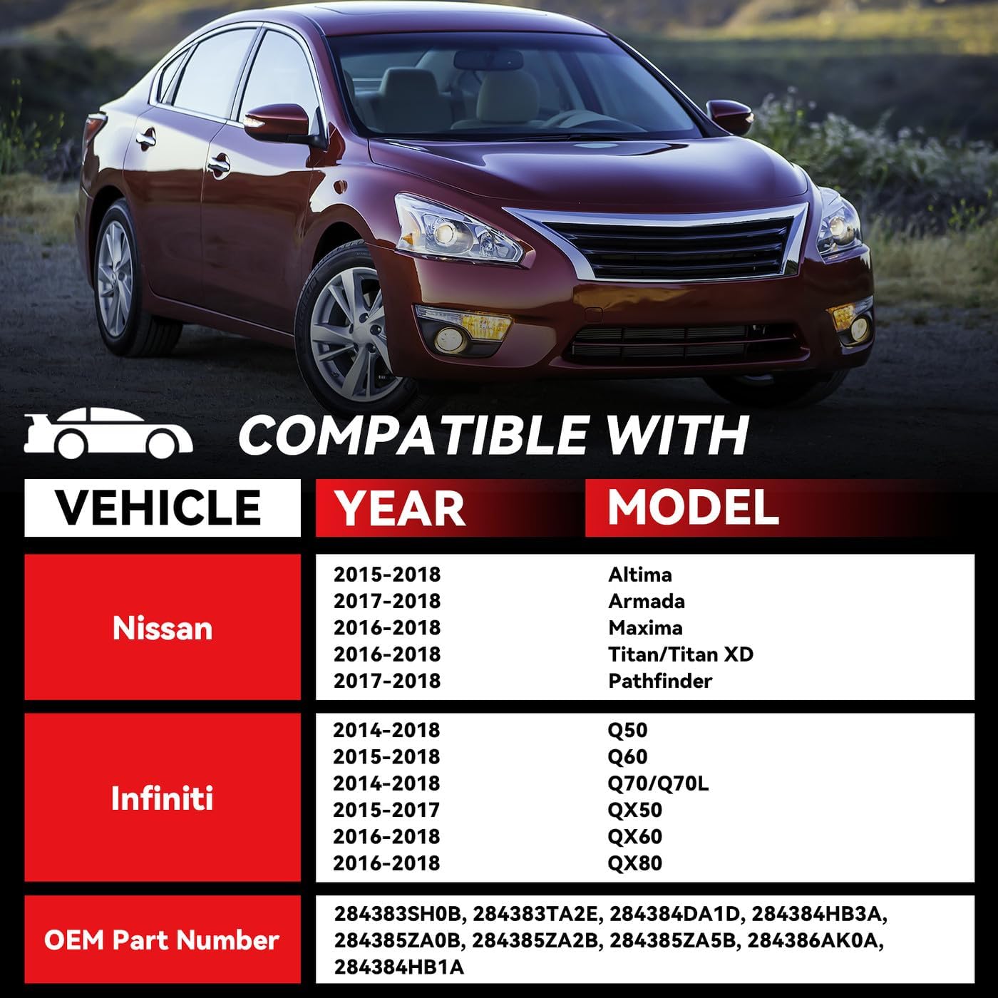 4pcs PDC Bumper Parking Aid Assist Sensors Backup Reverse Radar - Compatible with Nissan Altima Armada Pathfinder Maxima Titan XD Infiniti Q50 Q60 Q70 Q70L QX50 QX60 QX80-284383SH0B 284383TA2E