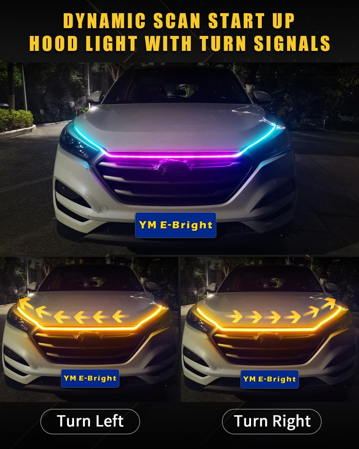 RGB Hood Light Strip with Sequential Turn Signal Indicator Function Waterproof Multicolor Dynamic Scan Start Up Hoodbeam Kit for Cars,Truck,SUV,with APP Control,12V 47inch/1.2M (1Set)