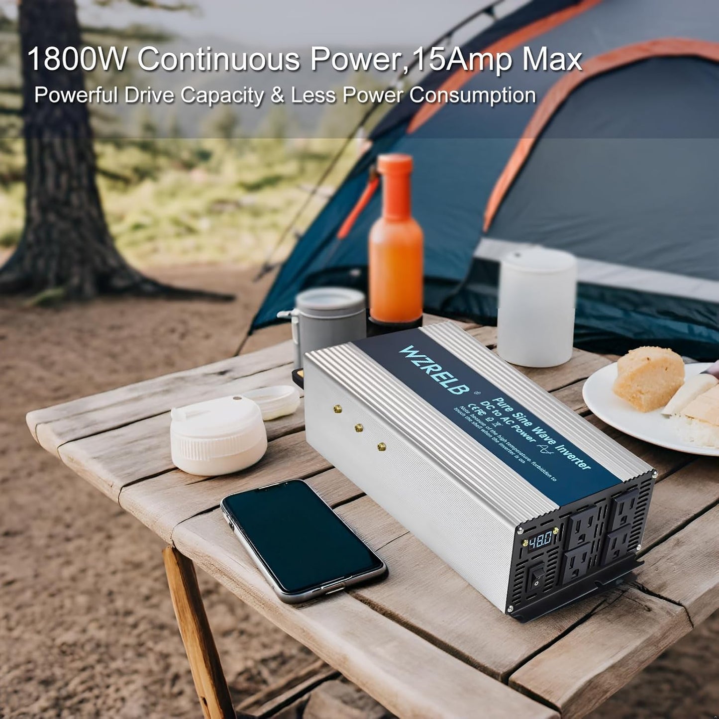 WZRELB 1800W Pure Sine Wave Inverter 48V DC to 110V 120V AC,Car Power Inverter with 4 AC Outlets, LED Display,Off-Grid Portable Power Converter for Home, RV, Truck, Camping