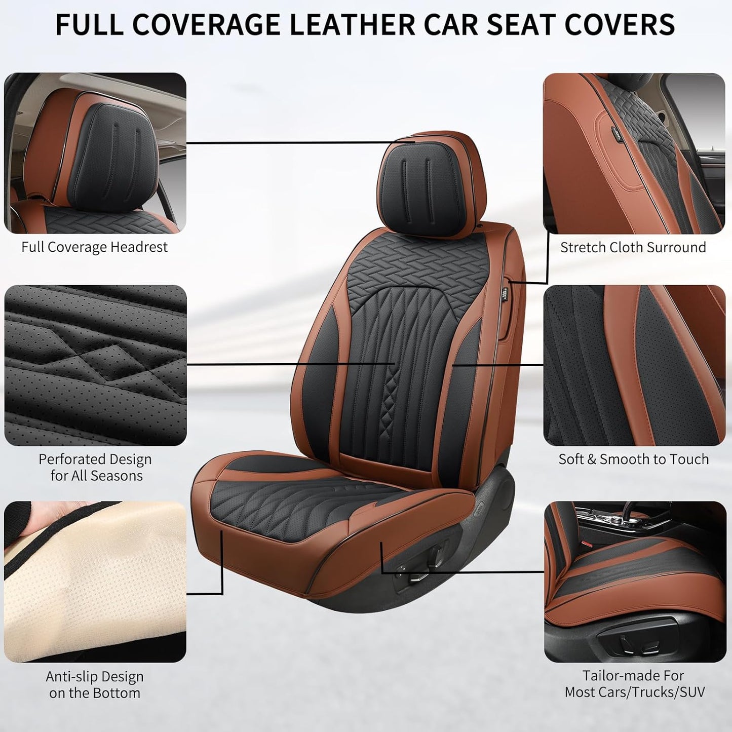 Car Seat Covers Full Set, Leather Seat Covers for Cars, Car Seat Protector Waterproof, Non-Slip Car Interior Covers Fit for Most Cars, SUV, Vans, Trucks,2Seaters,Full Set,Brown-Black,COMFDRIVE-A03