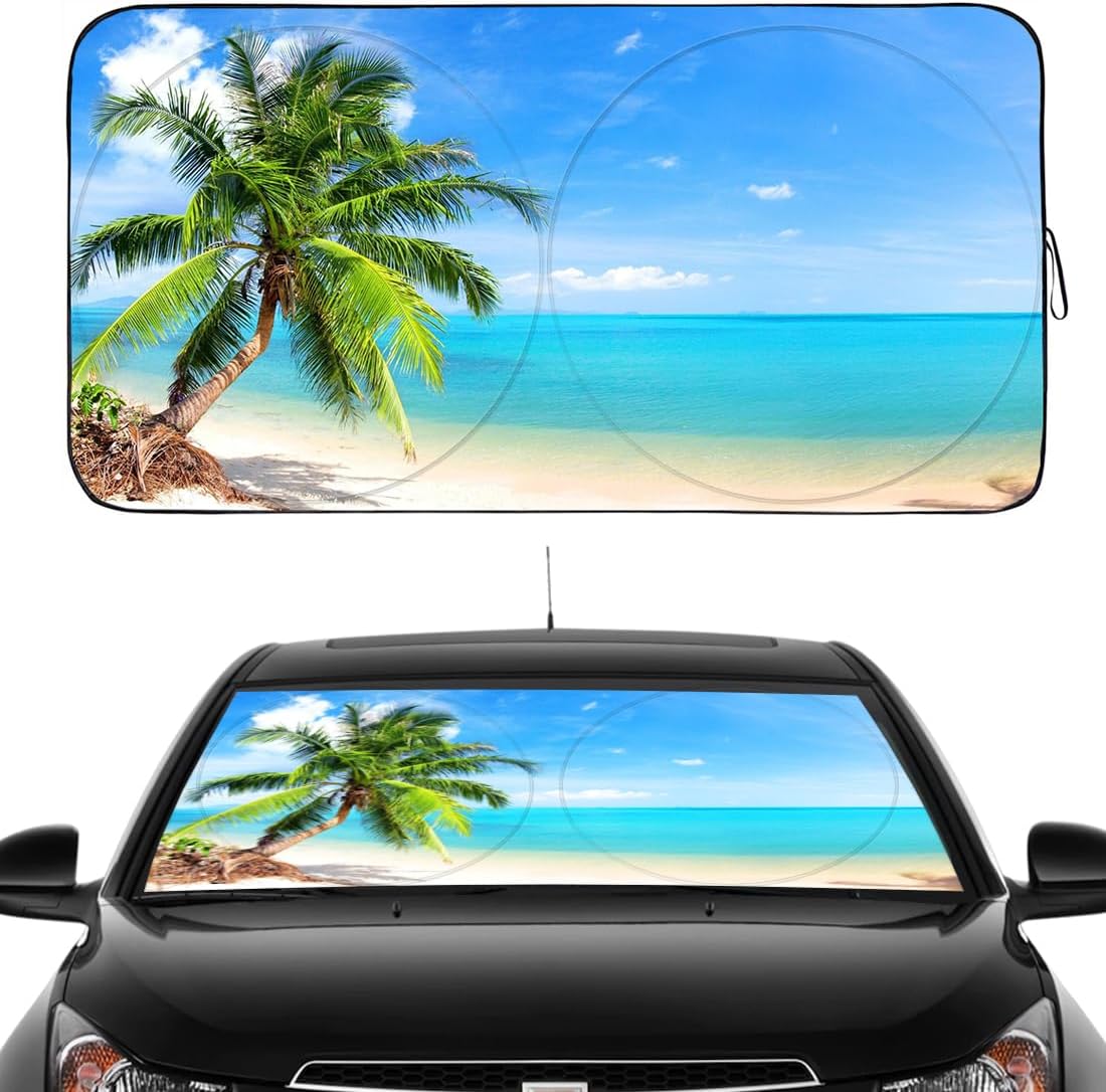 Gven Windshield Sun Shade Car Sun Shade Windshield Palm Tree Windshield Shade UV Protection Heat Reflective Sunshade Fits Small Sedans, Mini SUVs, Hatchbacks Car Accessories (Palm Tree, L)