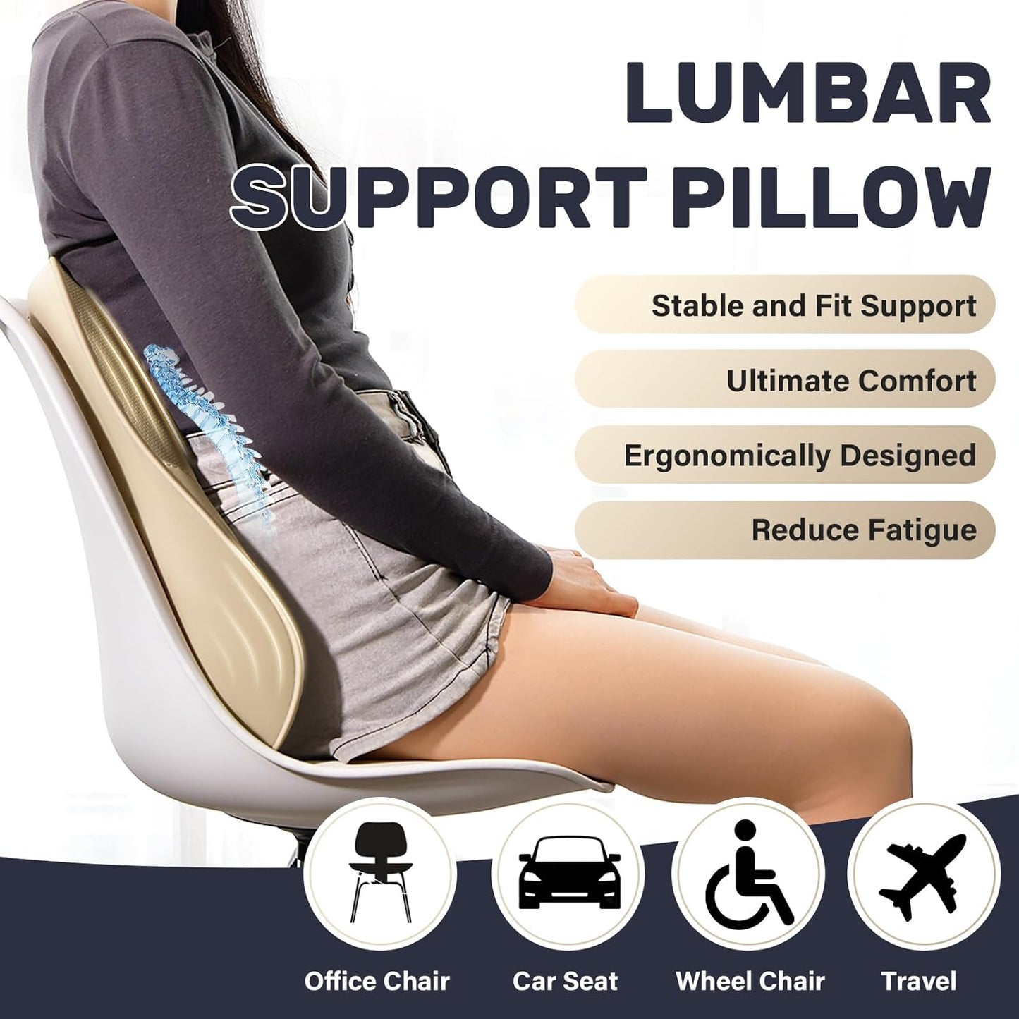Coverado Lumbar Support Pillow for Car, Ergonomic Memory Foam Back Pillow for Office Chair, Back Cushion for Back Pain Relief, PU Leather Car Lumbar Support for Driving Seat - Beige