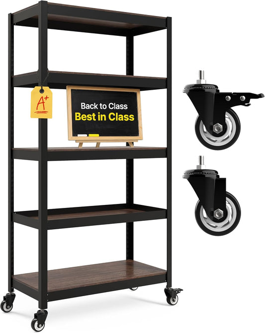 HOMEDANT House 5-Tier Metal Rolling Cart Shelf Rack Casters Heavy Duty Laminated Wheel Shelving Unit Adjustable Utility Storage Shelves Organizer Shelf Kitchen Garage 36.2" W x 16.5" D x 69.5" H 1Pack