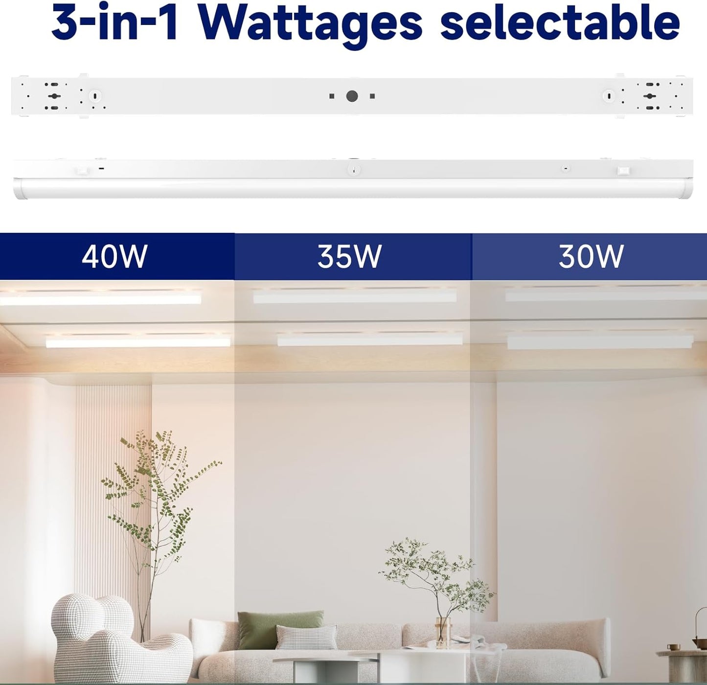 4FT LED Linear Strip Light, LED Shop Lights 30W/35W/40W Selectable,4 Color Selectable 3500K-6500K Adjustable,0-10V Dimmable Commercial Garage Office Ceiling Light Fixture, ETL DLC Listed (4 Pack)