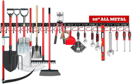 68" All Metal Garden Tool Organizer - Sturdy Garage Wall & Shed Organization System - Hooks for Shovel, Broom, Rake & More
