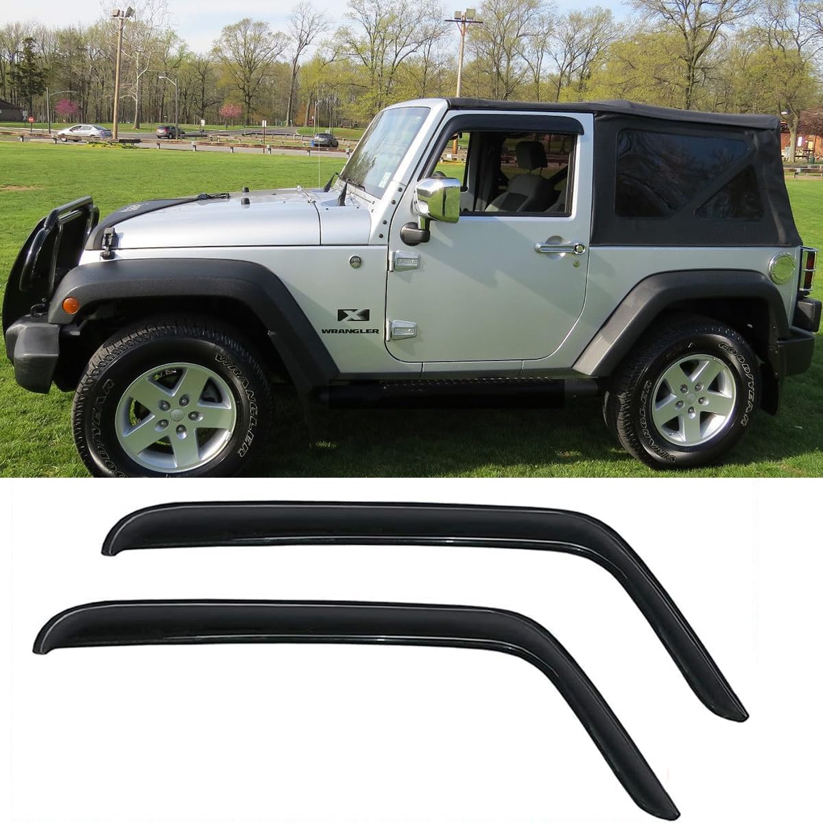 Side Window Visor Wind Vent Deflectors,2pcs Outside Mount Tape-on Shatterproof Dark Smoke Rain Guards Shades fit for 2007-2018 Jeep Wrangler (JK) 2-Door Model 92328