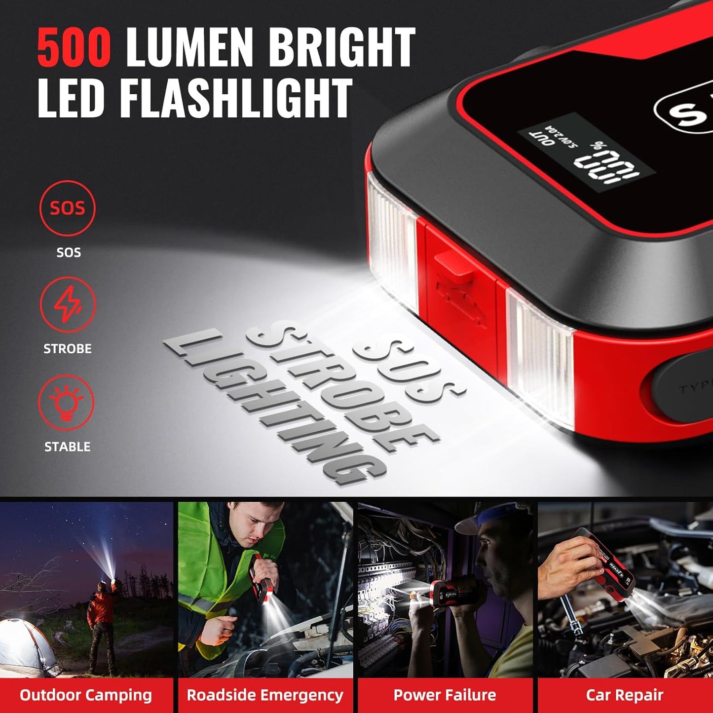 S ZEVZO ET03 Car Jump Starter 2000A Jump Starter Battery Pack for Up to 7.5L Gas and 6.5L Diesel Engines, 59.2Wh Portable 12V Jump Box with USB Ports, LCD Display, Storage Case, and LED Light