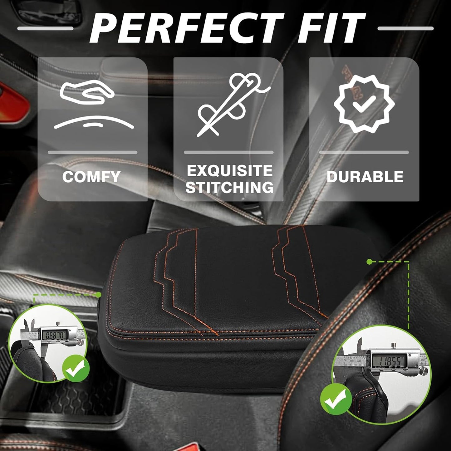 Muslogy for Frontier Center Console Pad Armrest Box Cover Vegan Leather Soft Accessories Armrest Lid Protector Compatible with Nissan Frontier 2022-2024 2025(Extra Thick, V2 Orange Stitching)