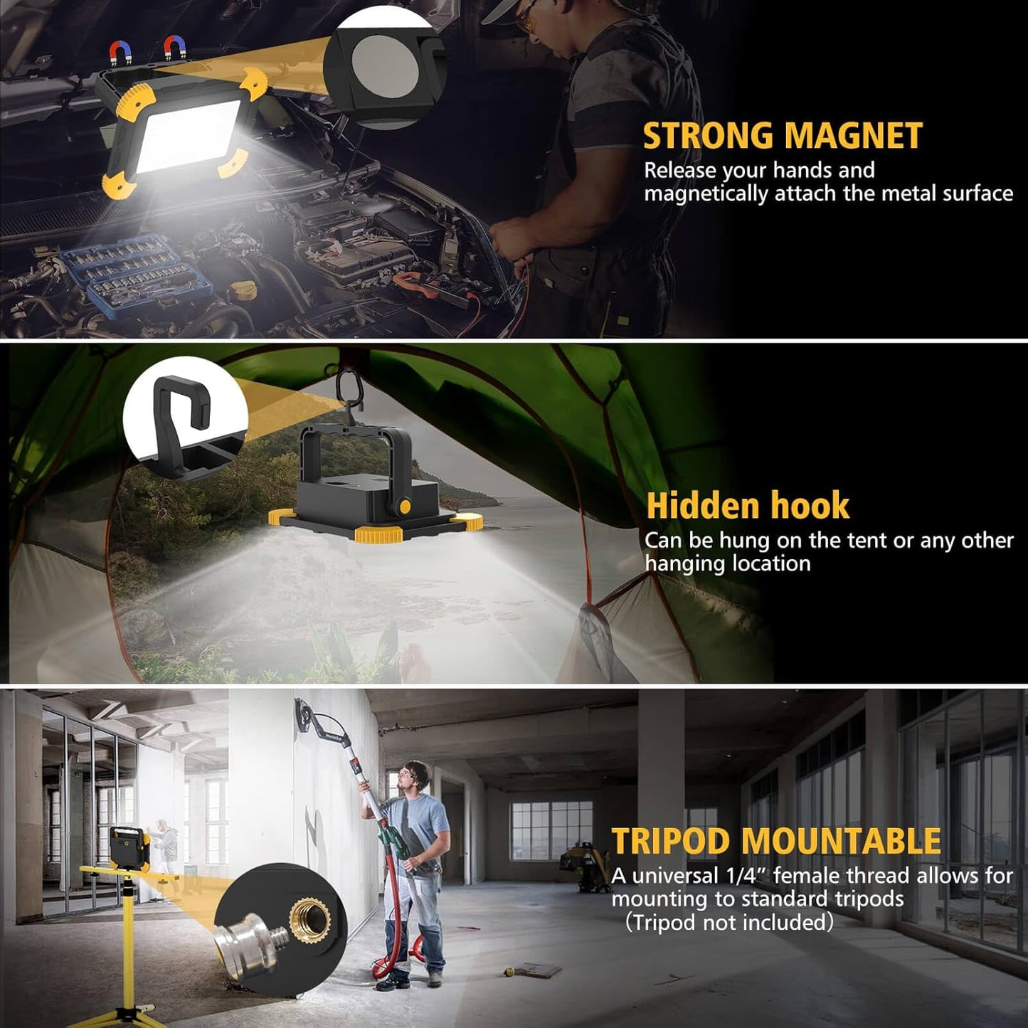 2-Pack Portable Flood Light, 4000mAh Magnetic Rechargeable LED Work Light Battery, 40W Outdoor Waterproof Work Lights Cordless 180° Rotate for Job Site Garage Camping Car Repair, Gifts for Men