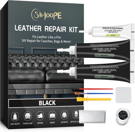 Leather Repair Kit,Car Seats, Sofa,Jacket & Purse - Repairs Burn Holes,Scratches,Tears - Restores Faux,Vinyl,Artificial and Real Leather (Black)