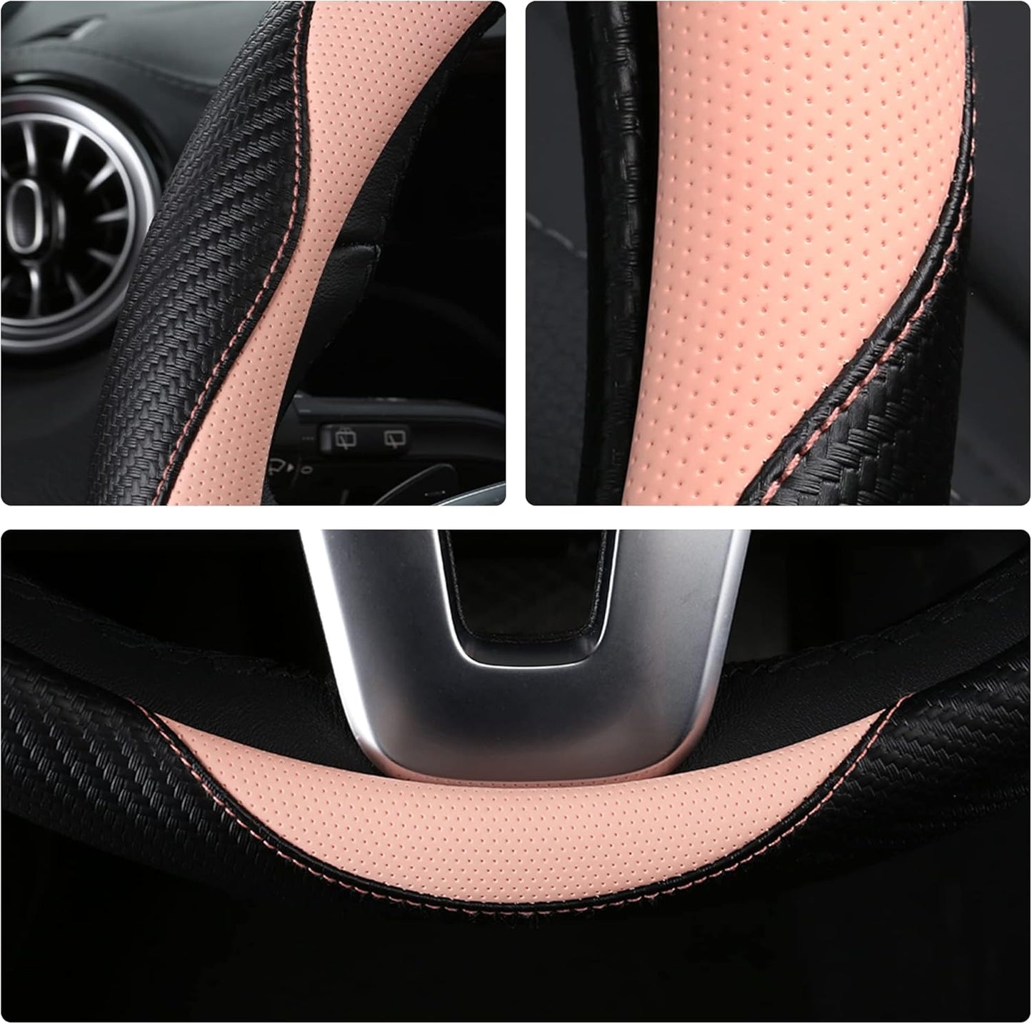 Car Steering Wheel Covers for Women Padded Carbon Fiber PU Leather Cute Auto Interior Accessories for Vehicle, Sedan, Universal, Anti Slip, Pink, Standard Size 14.5-15"(37-38cm)