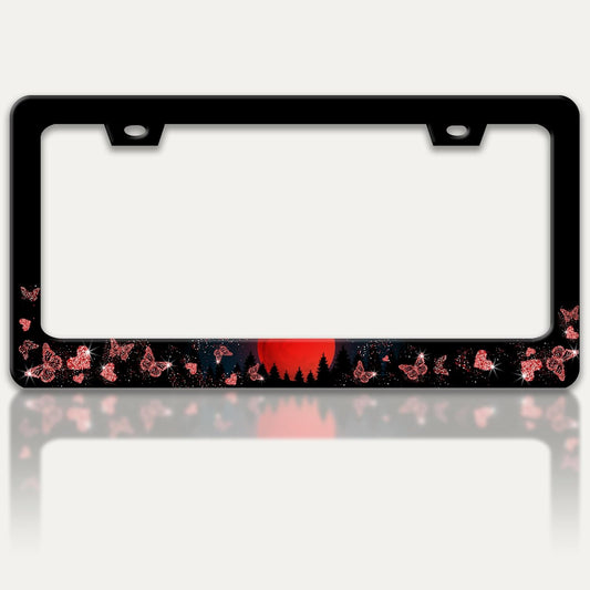 Red Moon Butterfly License Plate Frame Night Forest License Plate Holders Funny Stainless Steel Auto Accessory Bracket 2 Hole with Screws Universal Us Car License Plate Frames 6x12 Inch for Women Men