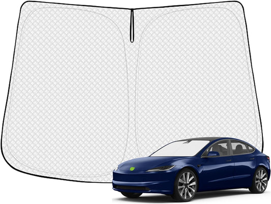 Windshield Sun Shade for 2017-2025 2026 Tesla Model Y/3 Accessories (Fit 2025 Model Y Juniper/2024 Model 3 Highland) Thicken 6-Layer Front Window Sunshade Sun Visor Block UV Rays Keep Car Cool