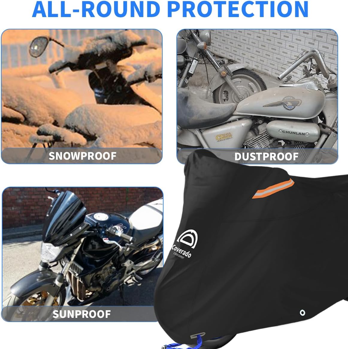 Motorcycle Cover All Season Waterproof Scooter Cover with Lock Holes and Inner Flame Retardant Cloth, Outdoor Motorcycle Cover Sun Rain Uv Protection Motorbike Cover Fits up to 90 inch Length Motors